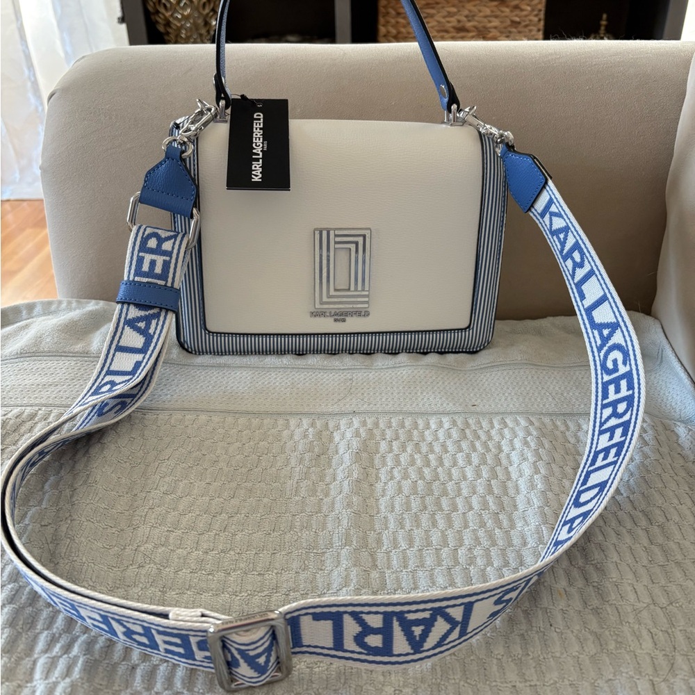 Karl Lagerfeld White and Blue Crossbody Bag with Bold Strap